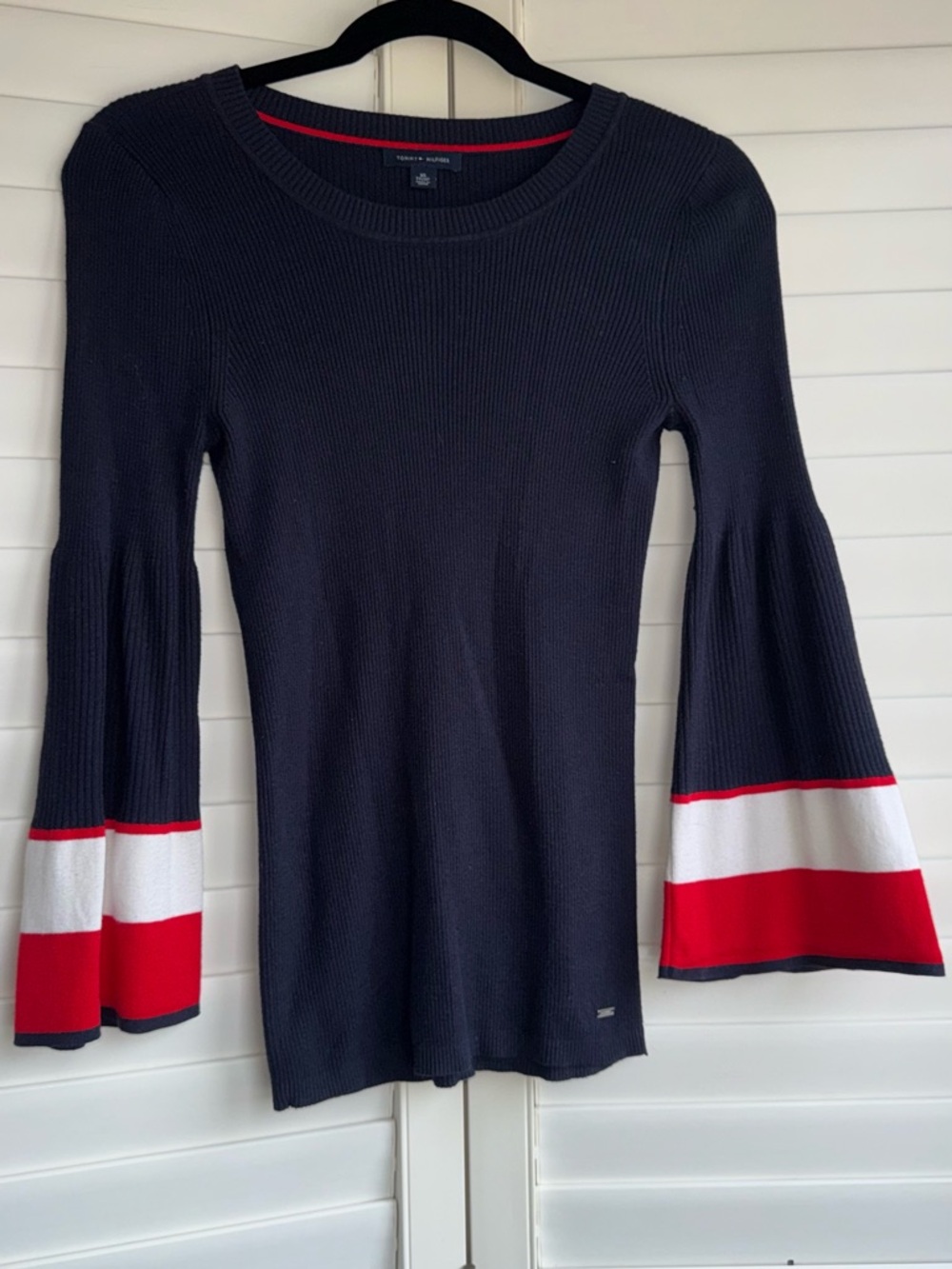 Tommy Hilfiger Navy Bell-Sleeve Knit Top with Red & White Cuffs